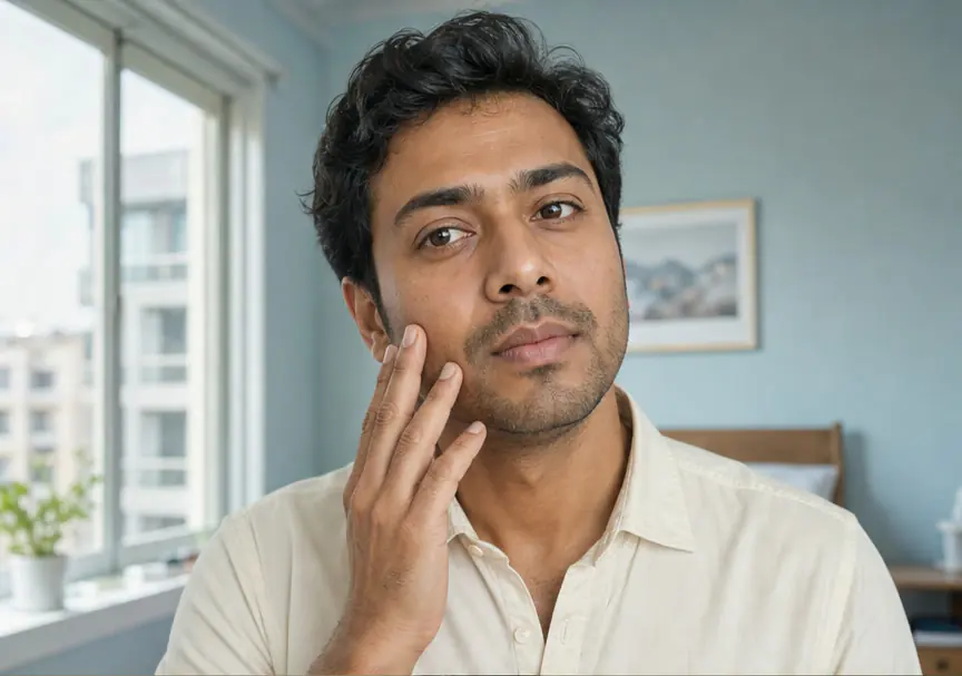 Adult man checking visible skin tone in natural window light