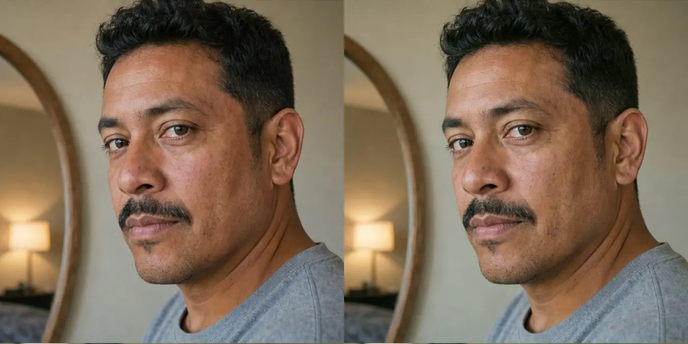 Matched before-and-after portrait with a restrained foundation preview