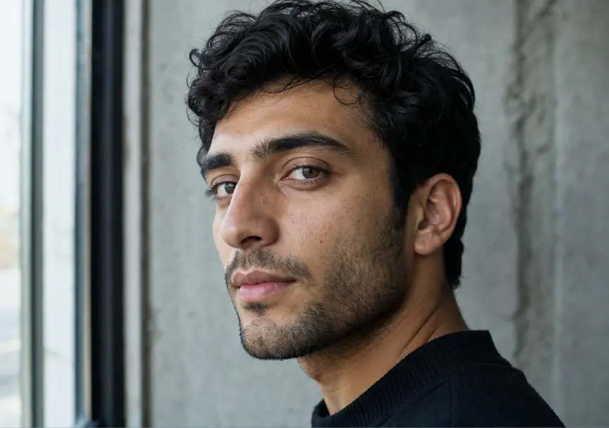 Adult man photographed in natural side light for a visible-tone result preview