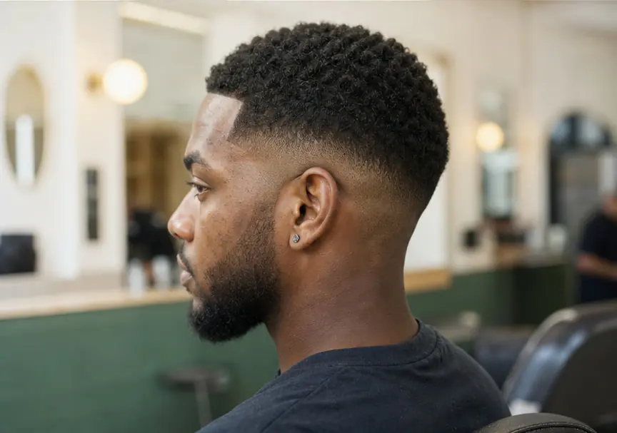 Adult man viewing a low-fade haircut from the side in a barbershop