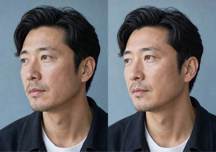 Matched real-person before and after preview with natural skin texture preserved
